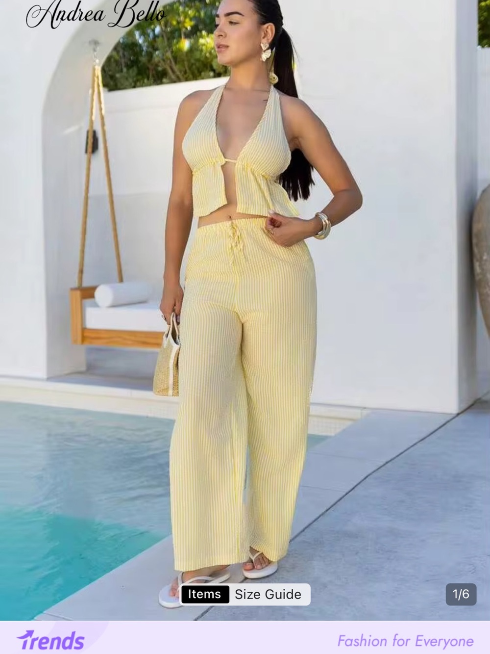 SHEIN Yellow Striped Halter Top with Wide-Leg Pants Set